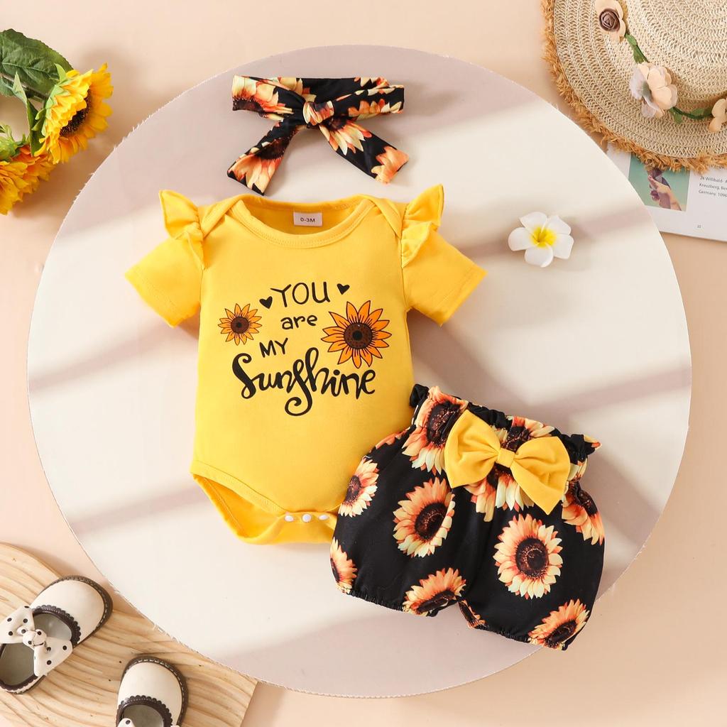 Baby Girl Summer Romper & Shorts Set - "Letter" Top with Belted Flower Pants