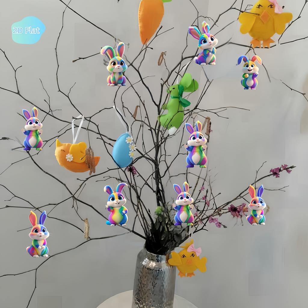 12 st Färgglada Påskhare Hängande Ornament-Regnbågsrandiga Träkanindekorationer till Påsk, Väskberlocker&Festlig Heminredning