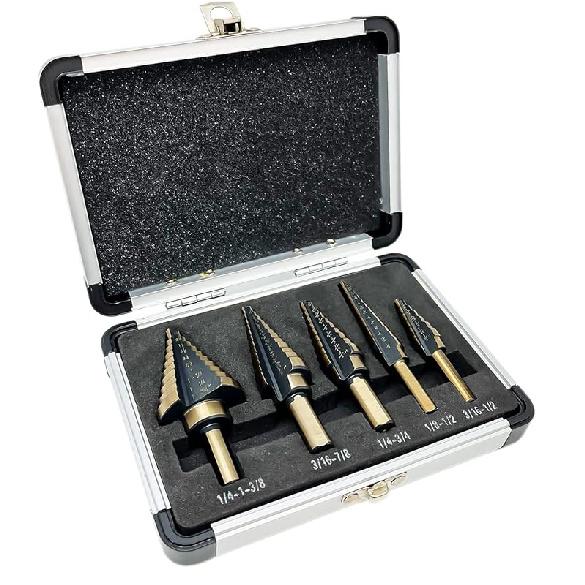 Step Drill Bits HSS 5PCS Titanium Step Drill Bit Set, 50 Sizes (1/8" to 1-3/8") High Speed Steel Unibit Drill Bits Set for Sheet Metal with Aluminum
