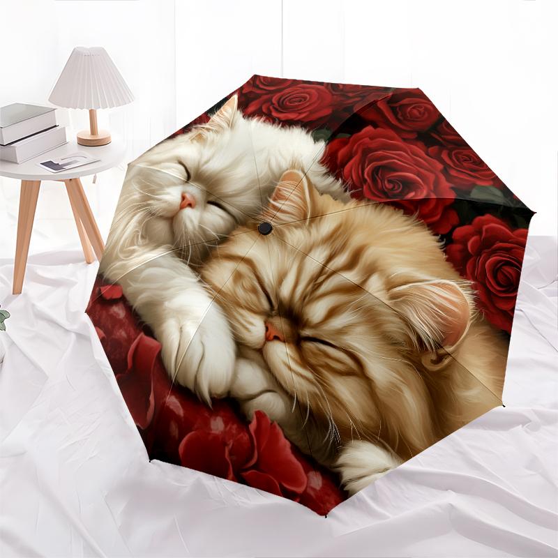 Rose and Persian Cat Pattern, Automatic Folding Umbrella, Portable and Foldable Design, 8 Ribs, a Christmas or Birthday Gift.