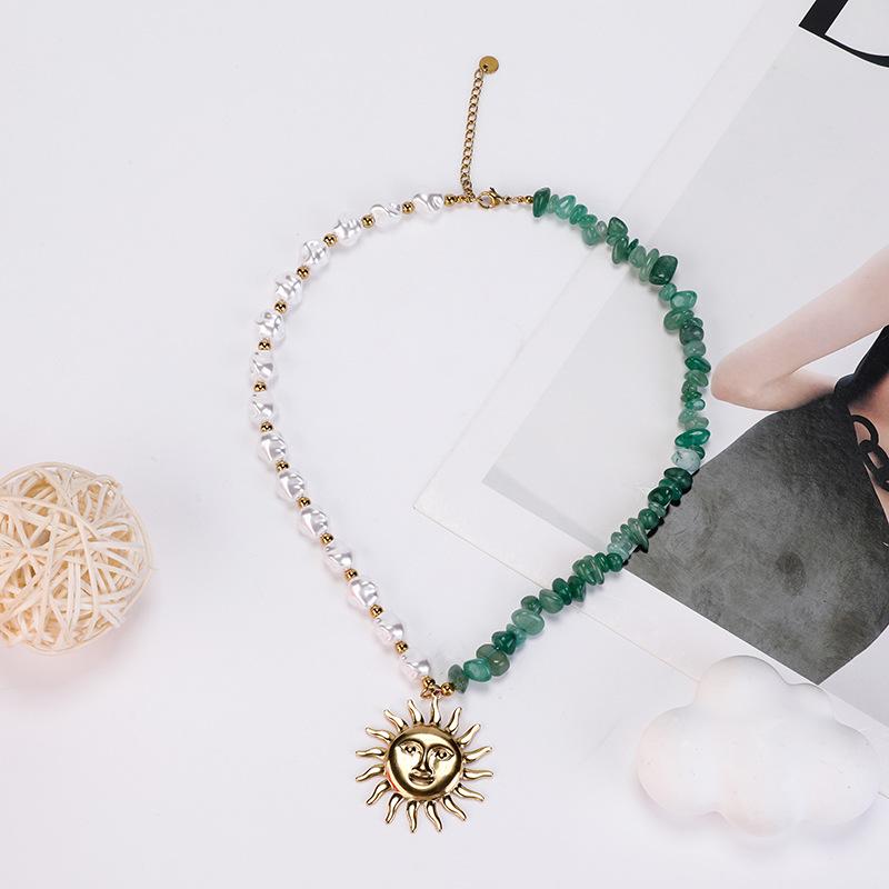 Bohemian Pearl Chip Beaded Sunflower Choker Necklace in Two-Tone Stainless Steel