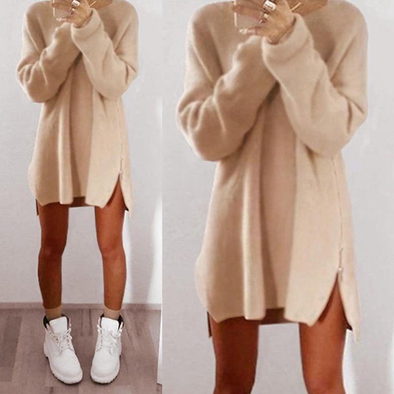Luxurious Womens Jumper Knitted Sweaters Dress With Solid Casual Long Sleeves