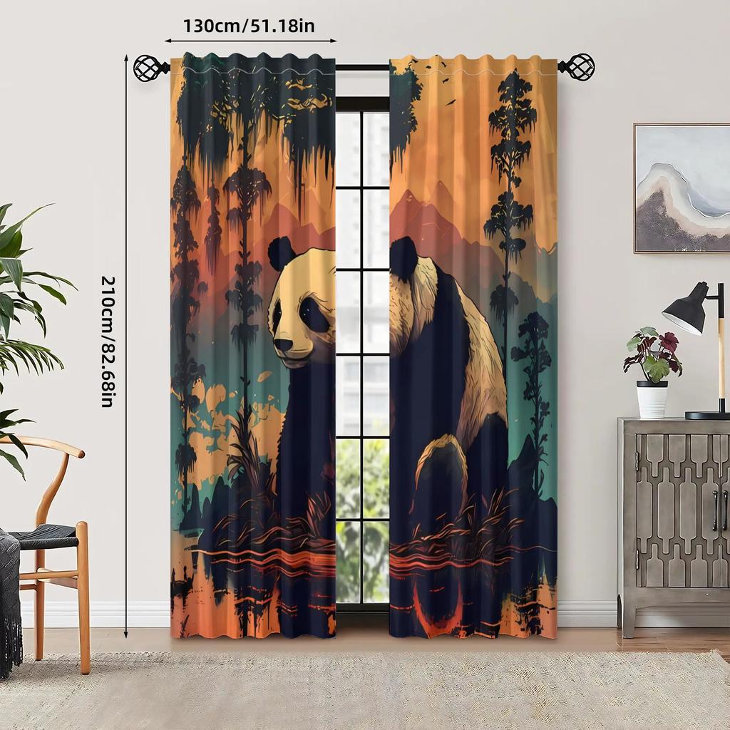 2pcs Vintage Panda Print Blackout Curtains - Matte Polyester, Rod Pocket Design with Eyelet, Machine Washable, Fashionable