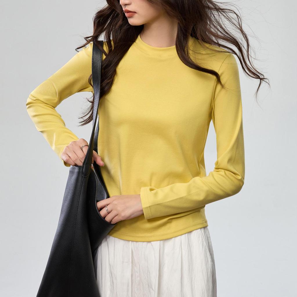 Damski Luźny Bawełniany T-shirt z Długim Rękawem w Kolorze Różowym, Półwysoki Okrągły Dekolt