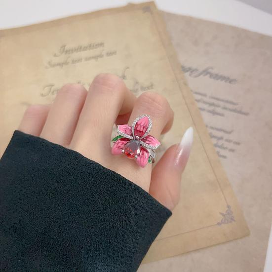 Women Flower Ring Faux Ruby Decor Smooth Polished Index Finger Ring Copper Cocktail Party Prom Commuting Finger Jewelry Holiday Gift