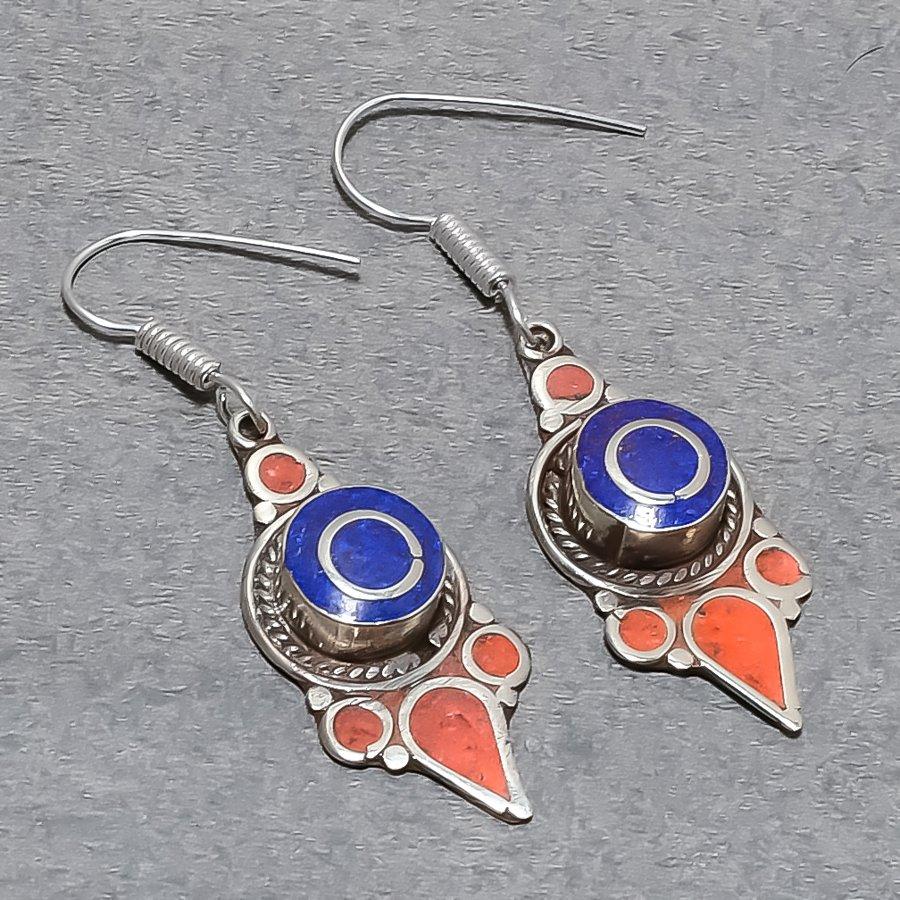 Lapis Lazuli Red Coral Earrings Tibetan Bahamas Gift Nepali Jewelry 2.3" NE 5349