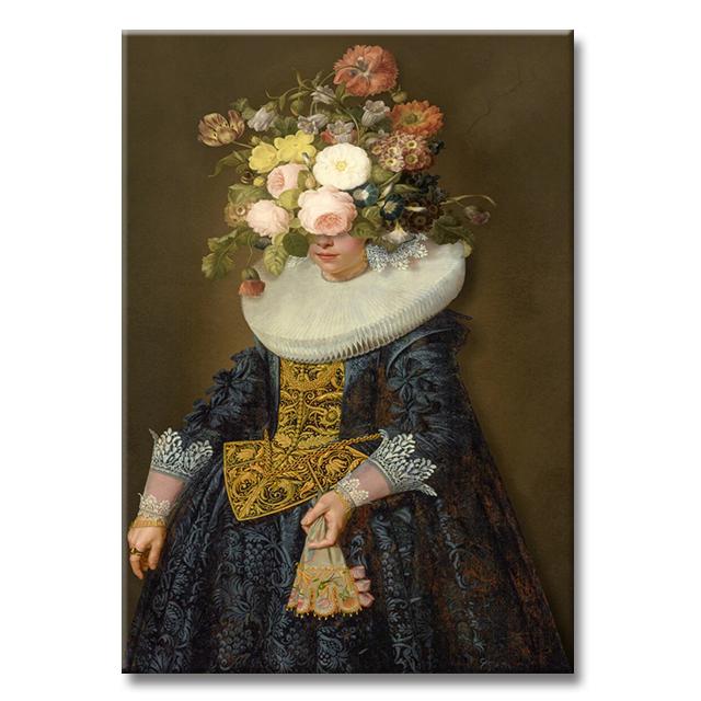 Vintage Famous Painting Girl with Pearls Flowers Canvas Poster Mona Lisa with Flowers Picture Cuadros Wall Art Home Decor