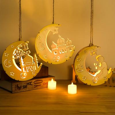 Pendentif en bois à suspendre en forme d'étoile et de lune pour l'Aïd Moubarak, décoration pour la maison, fête musulmane islamique, cadeau de l'Aïd al-Adha Kareem