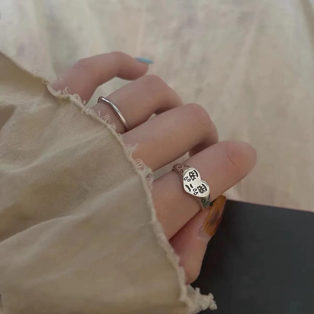 Unisex Retro Heart Crying Face Open Ring, Silver Color Punk Gothic Style, Handmade Designer Jewelry For Men Women
