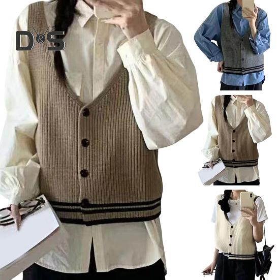 Women Sling Vest Slim Fit V-Neck Sleeveless Top with Striped Pattern Single Breasted Knitted Sweater Daily Wear