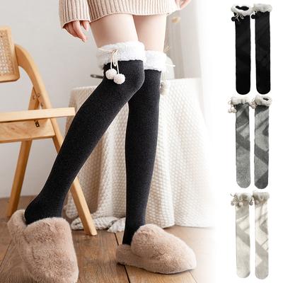 Winter Lamb's Wool Warm Knee-length Socks Padded White Fur Ball Stockings Women's Bottoming Socks JK Knee Socks