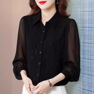 Damen Bluse aus schwarzem Chiffon mit langen Ärmeln - Eleganter Frühfrühlings-, Herbst- und Winterstil 2023.