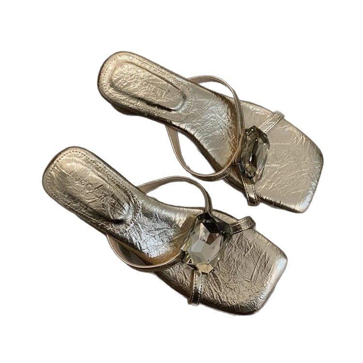 Fairy style women's shoes French rhinestone sandals women's shoes spring and summer wear silver thick heels cool slippers high heels