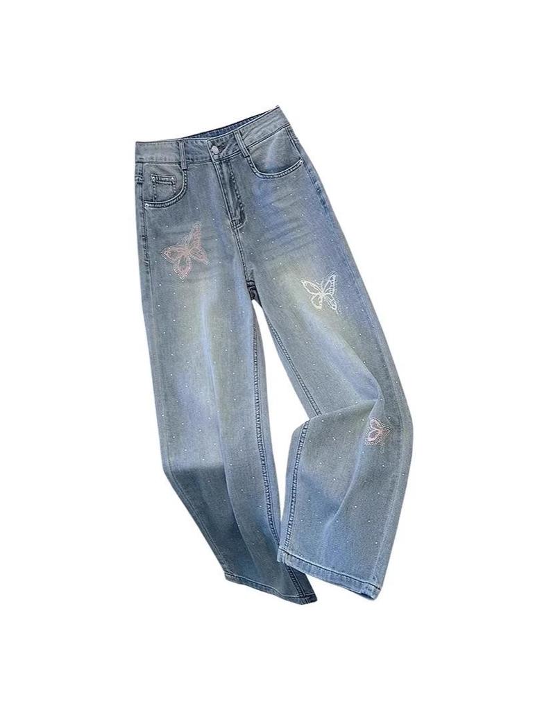 Women's Rhinestone Butterfly Embroidered Straight-Leg Jeans - 2026 Spring Versatile Slimming Casual Pants