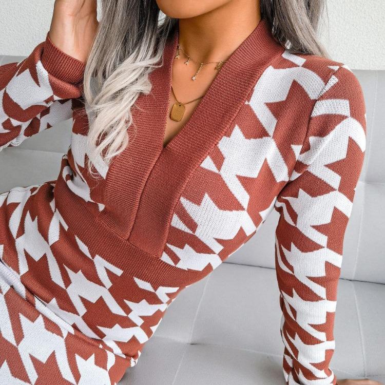 Autumn Winter Women Houndstooth Knitted Dress V Neck Long Sleeve High Waist Pack Sizes S To L