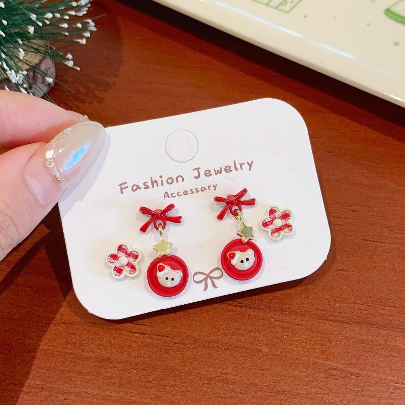 3 Pairs Cute Cartoon Christmas Earring Set Kawaii Santa Claus Bell Elk Festival Red Earring Fashion Jewelry Accessories Gifts