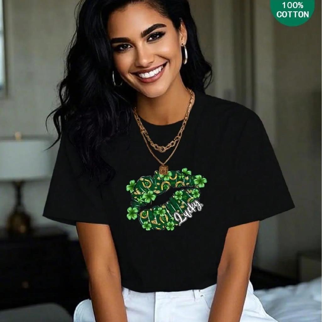 (180g Pure Cotton T-Shirt) St. Patrick's Day - Green Lucky Big Lips Printed Women's Summer Round Neck Thick Short Sleeve T-Shirt