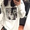 Hua Cotton Silver Fox Velvet Retro American High Street Patch Crew Neck Sweatshirt