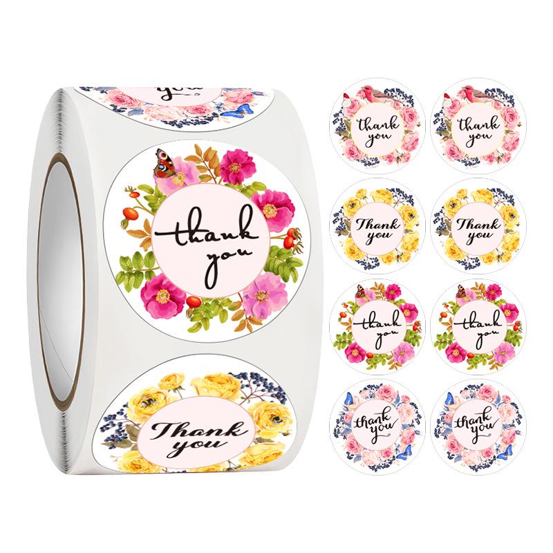 500-Roll 3.8cm Floral Thank You Stickers: Round Adhesive Labels for Gift Wrapping & Sealing