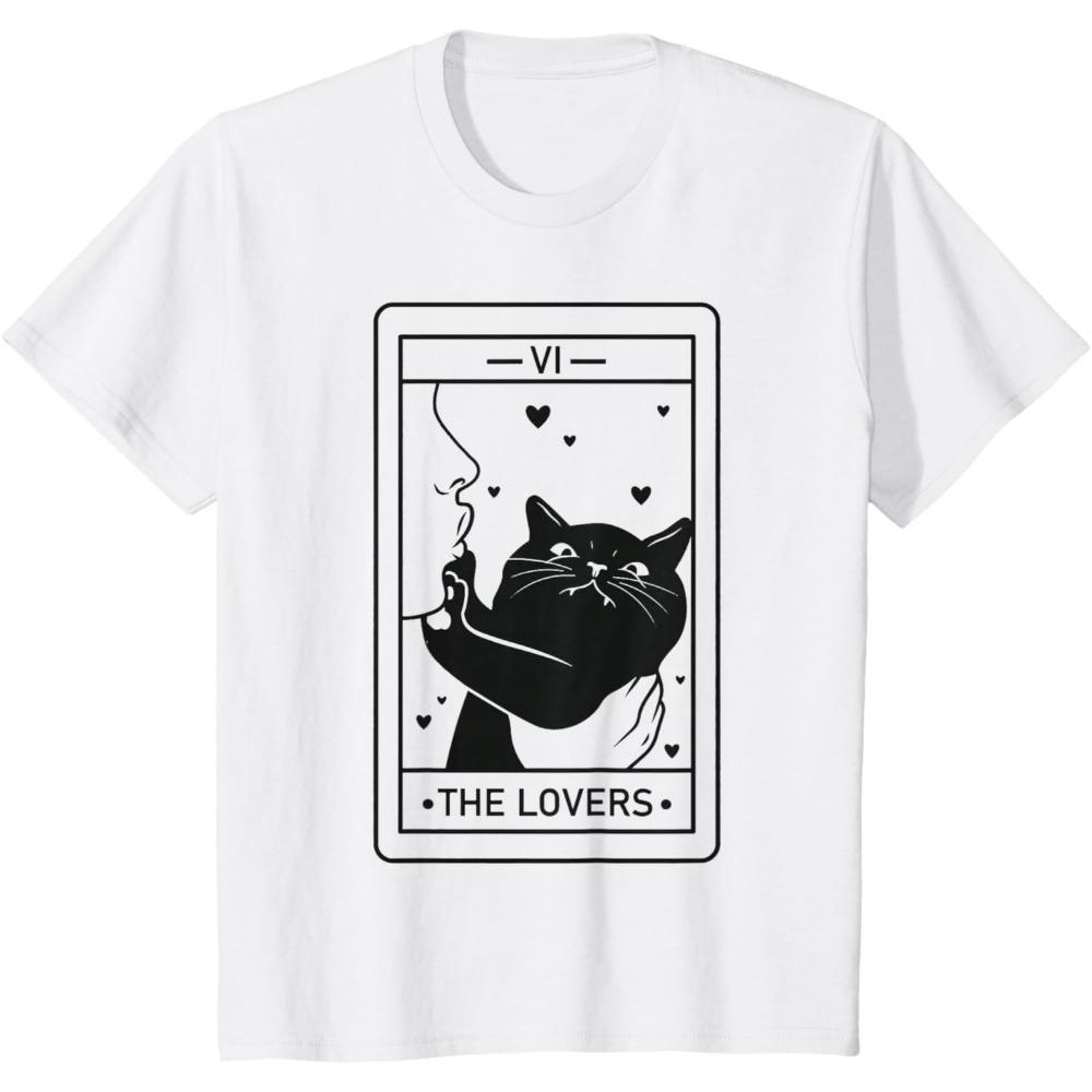 Women's Vintage Tarot Card Skeleton Cat The Lovers Print T-Shirt Men Oversized Tee Cotton Loose Top Short Sleeve