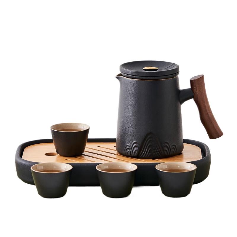 

Elegant Black Pottery Tea Set with Bamboo Tray
