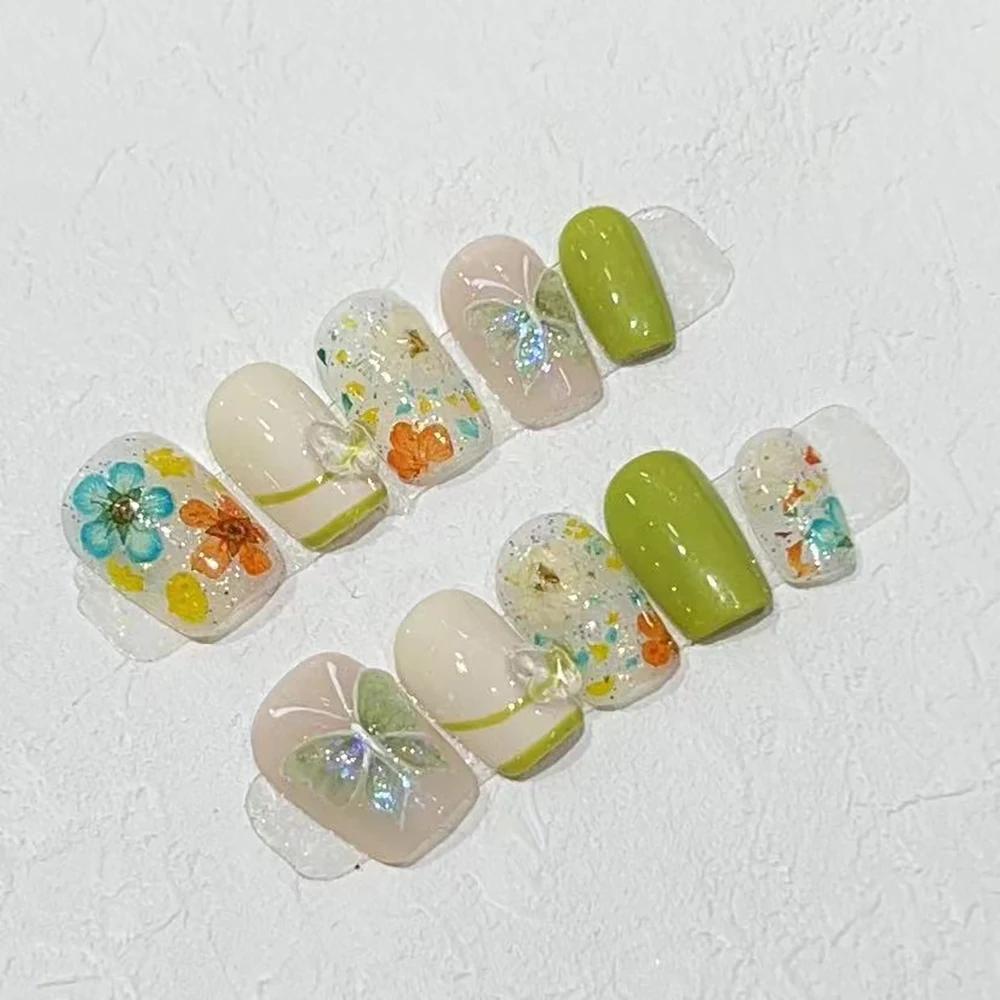 Summer Sweetheart Handmade Full Cover False Nails Kawaii Cartoon Cat Flower Cat Eye Short Square Reusable Fake Nail Stickers