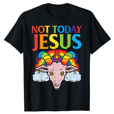 Heute Nicht Jesus Satan Ziege Satanisch Regenbogen Satanismus Geschenk T-Shirt Grafik T-Shirt Y2k Oberteile Ästhetische Kleidung LGBT Kurzarm Outfit