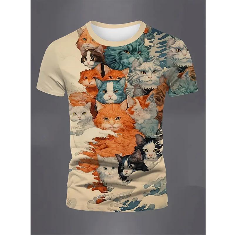 Funny Cat Pattern T-Shirt For Men Personality Animal 3D Printed Vintage Japanese Style T Shirts Summer Short Sleeved Casual Tees