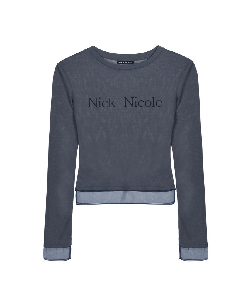 Nigaennikol Nicole Sheer Layered Logo Sleeve Top_Navy