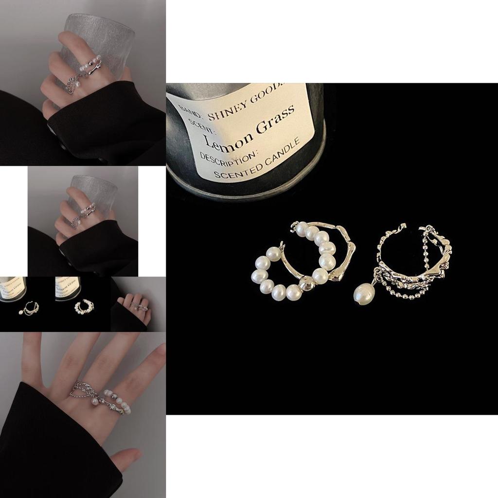 Stylish Geometric Design Pearl Chain Tassel Ring For Women Adjustable Size