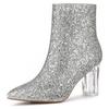Allegra K Women's Silver Sequined Ankle Boots with a Chunky Heel and Pointed Toe, Size 24.5cm, Shiny Clear