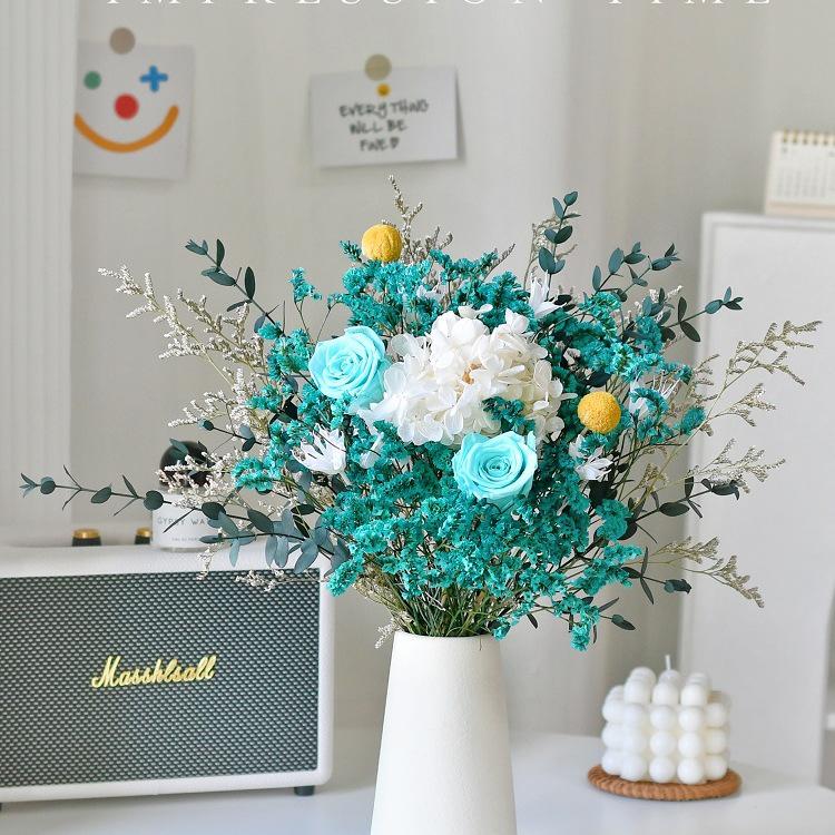 Immortal Rose Dried Bouquet: Eucalyptus, Hydrangea, Crystal Grass, and Baby's Breath for Home or Bedroom Decoration