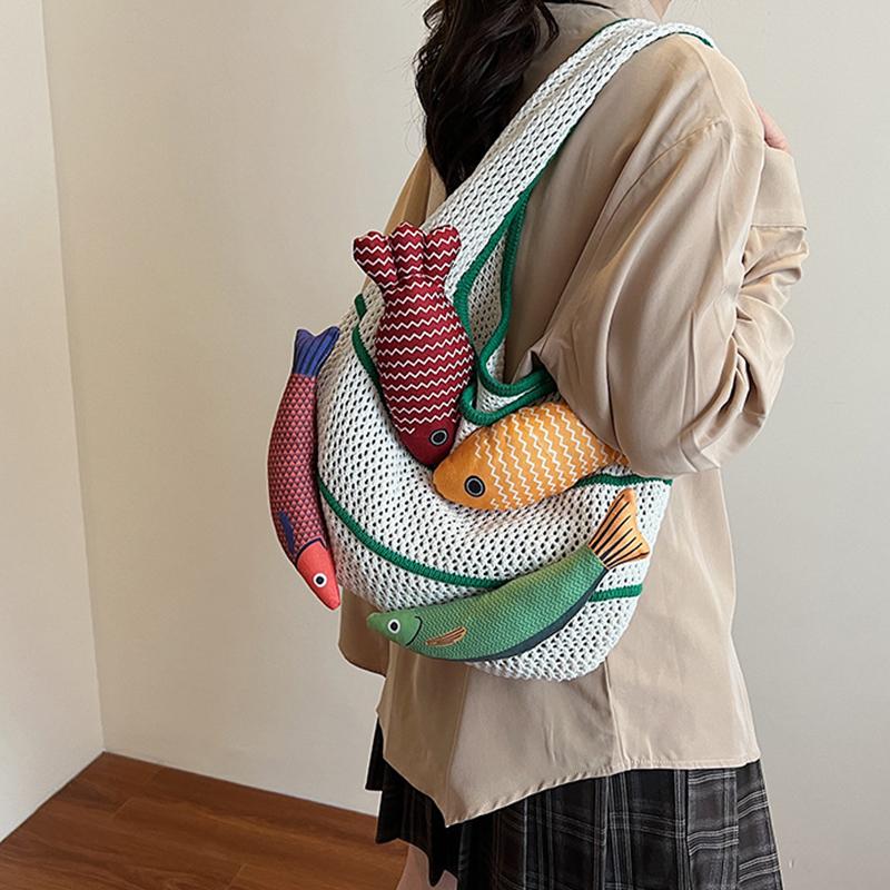 Fish Design Knitting Shoulder Bag Woven Hand Bag Beach Bag Holiday Travel Shopper Shopping Purse for Women