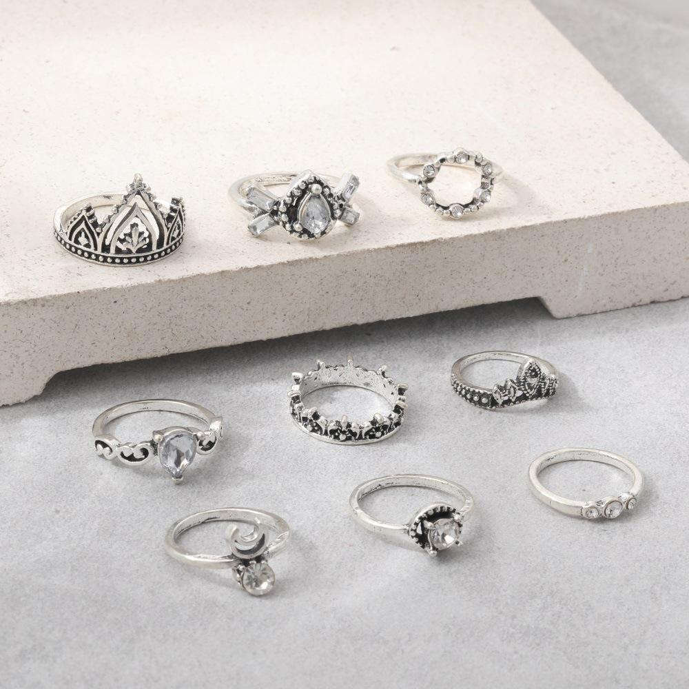 Bohemian 9-Piece Set With Diamond Crescent Crown Combination Ring