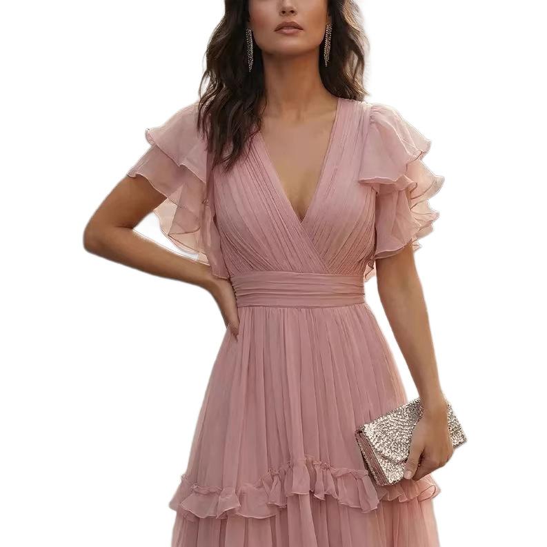 In Stock, European and American Style V-neck Ruffle Edge Pink Cake Long Dress Women's Waist Thin and Elegant Chiffon Dress