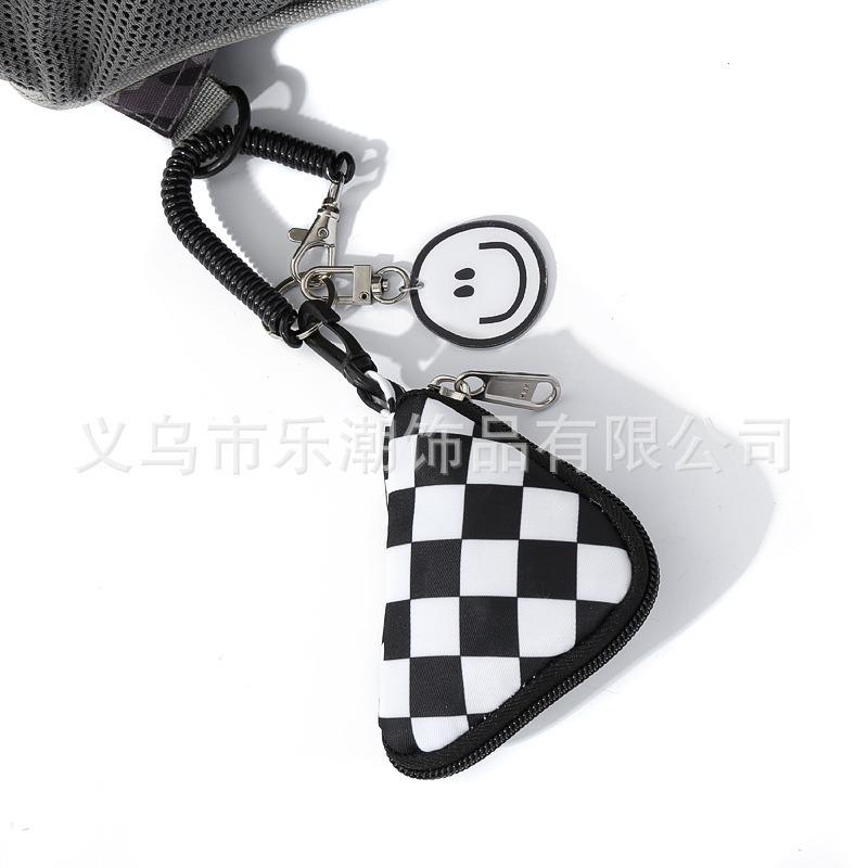 Chessboard earphone bag, key bag, black and white grid mini cute pocket triangular change bag, school bag pendant.