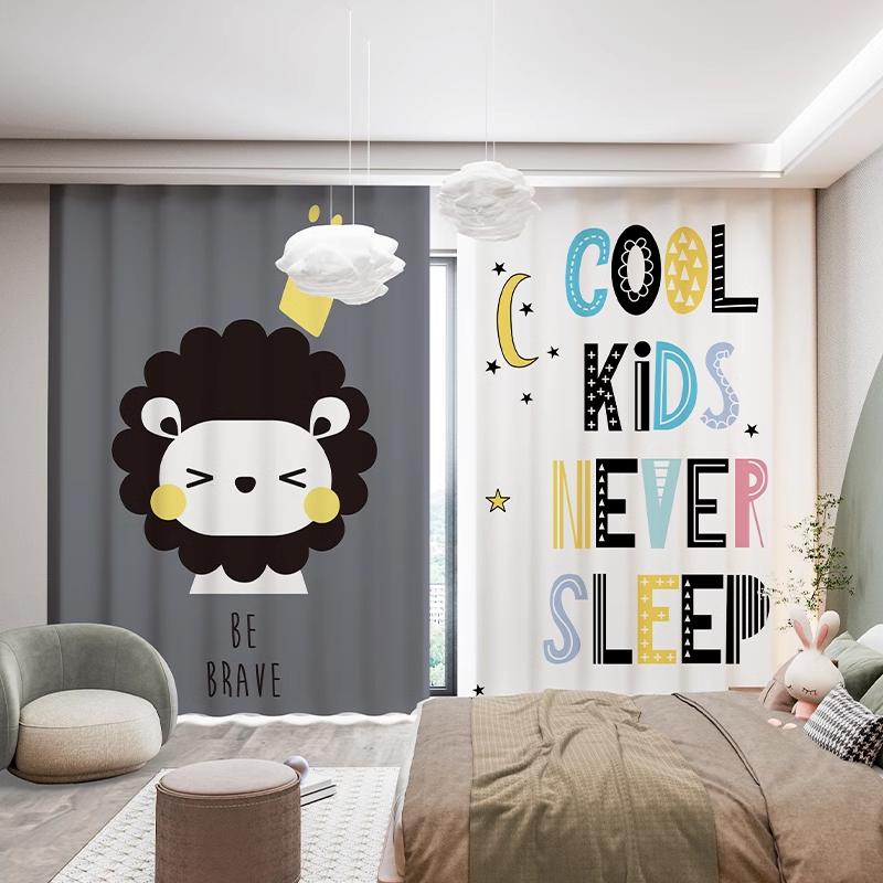 2Pcs Modern Simple Cartoon Cute Animals Bear Rabbit Star Ocean Star Boy Children's Room Decor Semi Blackout Curtain Grommet Top