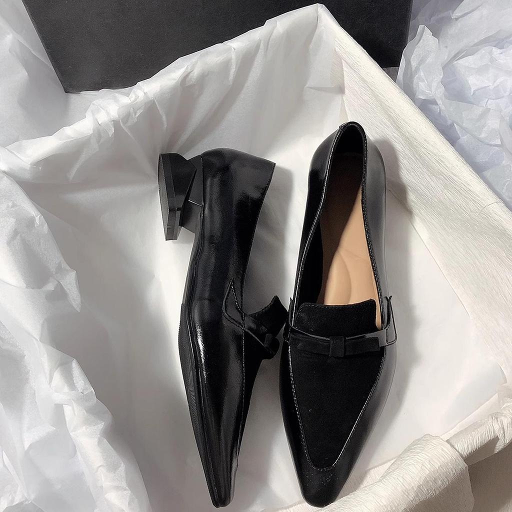 French Full Leather Pointed Single Shoes Women's Spring 2025 New Thick Heel Small Leather Shoes Bow Splicing Loafers