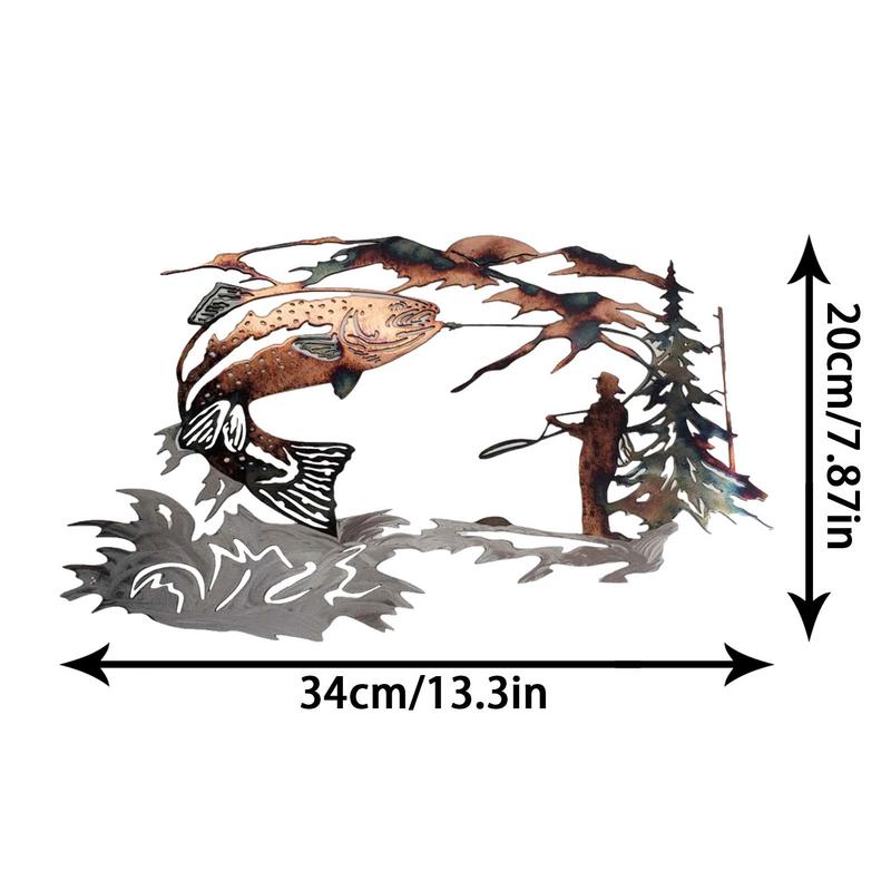 Metal Wall Art Decoration Hollow Out Fish Silhouette Sculpture Fishing Scene Decal Wall Mounted Ornament Rustic Cabin Farmhou