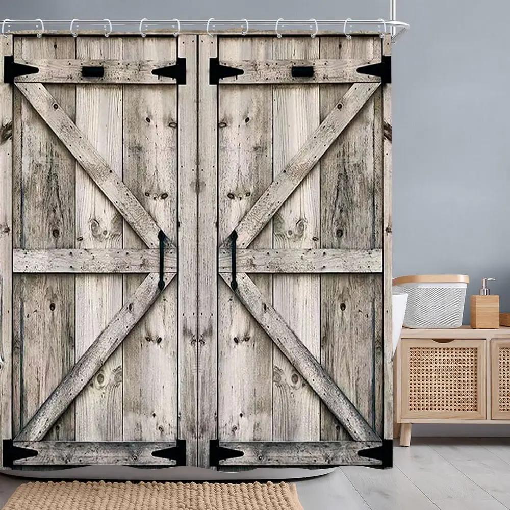 Vintage Wooden Door Shower Curtain Rustic Door Window Wheel Botanical Barn Polyester Shower Curtains Bathroom Decor with Hooks