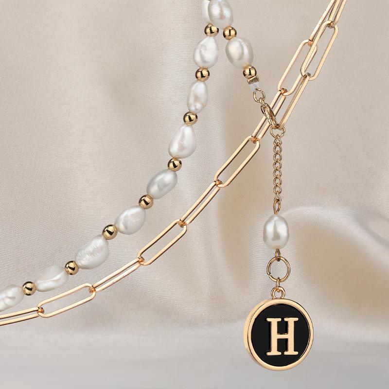 

Color Dual Trendy Pearl Letter H Titanium Steel Necklace With Tassel For Wear Casual