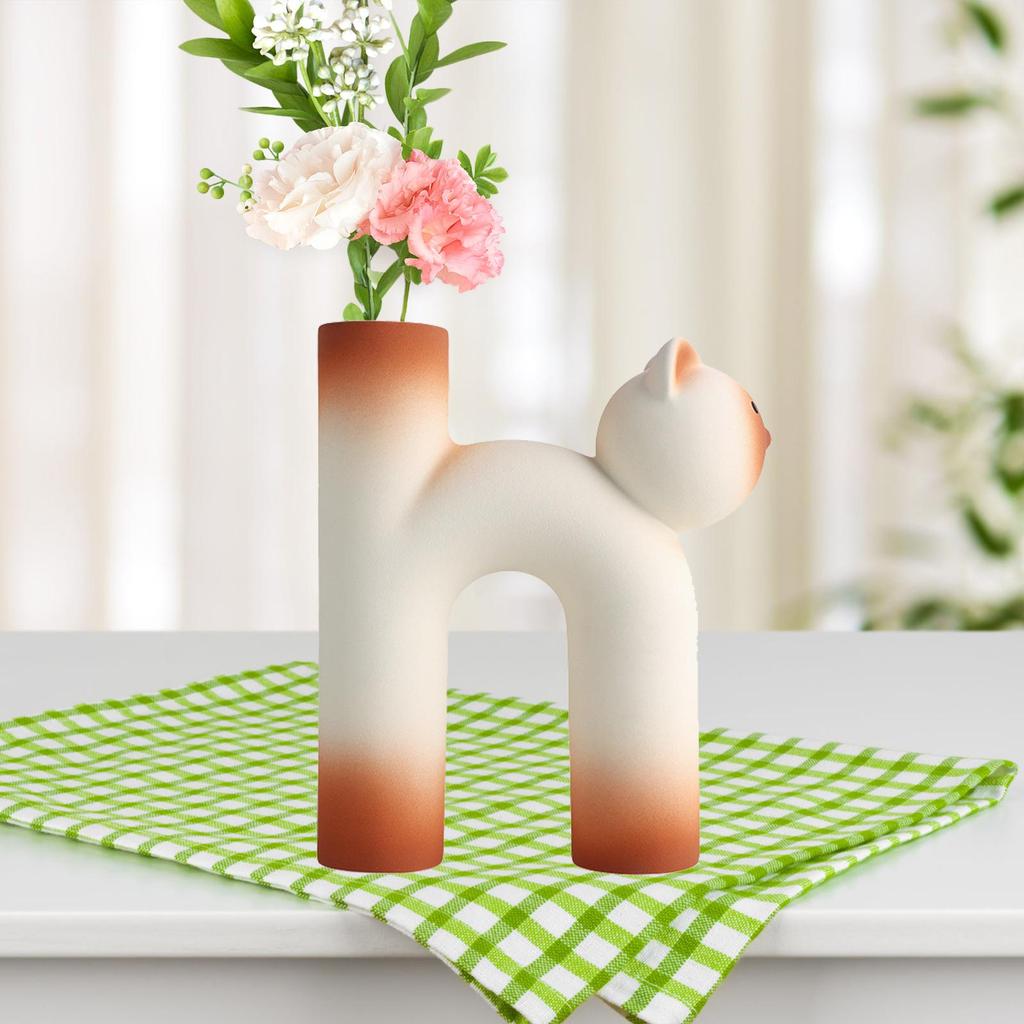 Cat Shaped Ceramic Vase Cute U Tube Birthday Gift Kitty Decorative for Living Room