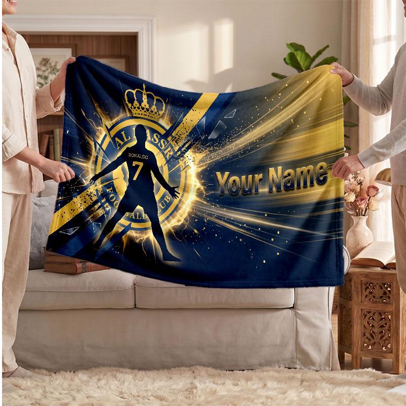 Cristiano Ronaldo Personalized Fleece Blanket With Football Logo, Custom Name Text Soft Warm Home Throw Blanket
