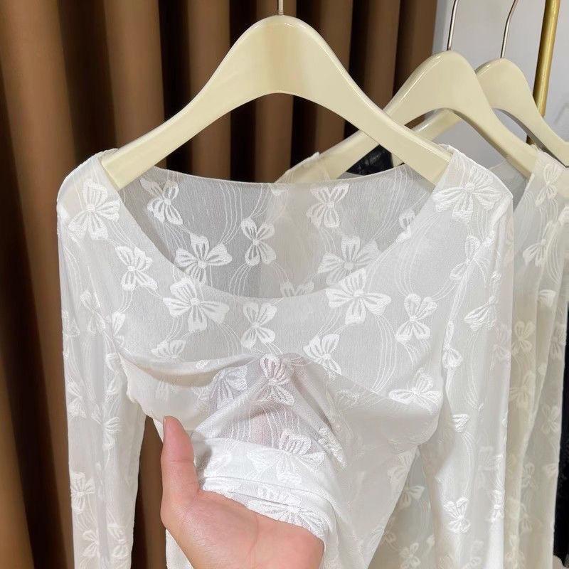 

Высококачественный большой базовый слой с жаккардовым кружевом и круглым вырезом для экипажа для женщин, стильный тонкий модный сетчатый внутренний топ XL белый