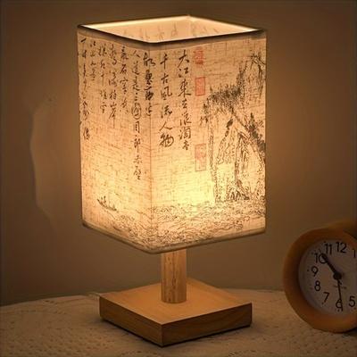 Chinese Calligraphy Desk Lamp with Wooden Base, Fabric Shade - USB Rechargeable LED Nightstand Lamp for Bedroom, Space-Themed Decor