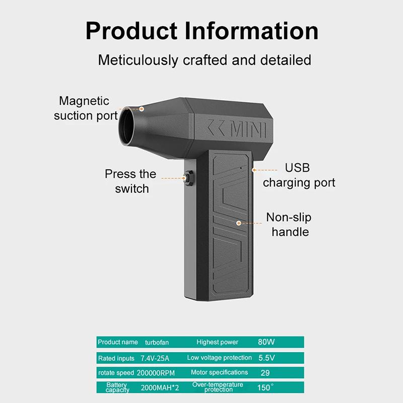 200000RPM Powerful Air Violent Fan Portable Dust Cleaner Type C Charging Strong Wind 52m/s Brushless Turbo Jet Blower 2025
