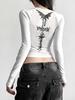 Vintage ausgestellte Langarm-Korsett-Crop-Tops Damen Ästhetische Grunge-bedruckte T-Shirts Gothic Rundhals-T-Shirts Y2K Tops T-Shirts Streetwear