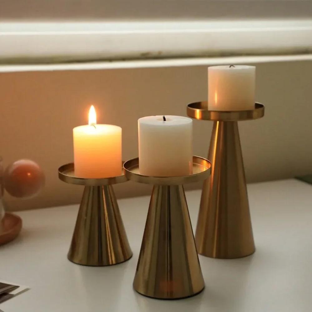 3PCS/SET Wrought Iron Nordic Golden Candle Holder Cone-shaped Scented Candles Pillar  Wedding