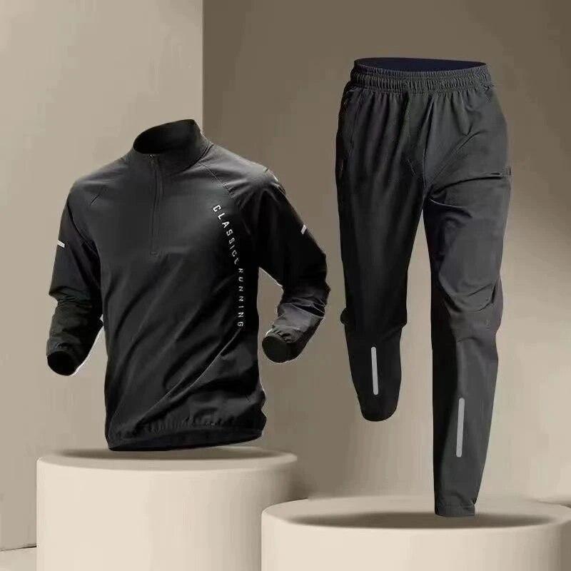 Spring Breathable Quick Drying Stand Neck Half Zipper Sports Training Set Men Solid Pullover Long Sleeved Top Casual Pants