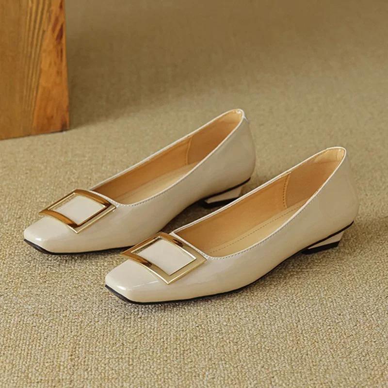 2024 New Women 2cm Low Heels Wedding Shoes Female Fashion Metal Square Buckle Shoes Lady Patent Leather Barefoot Goddess Pumps